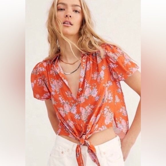 FREE PEOPLE Celia  floral tie shirt sz S - Picture 9 of 9